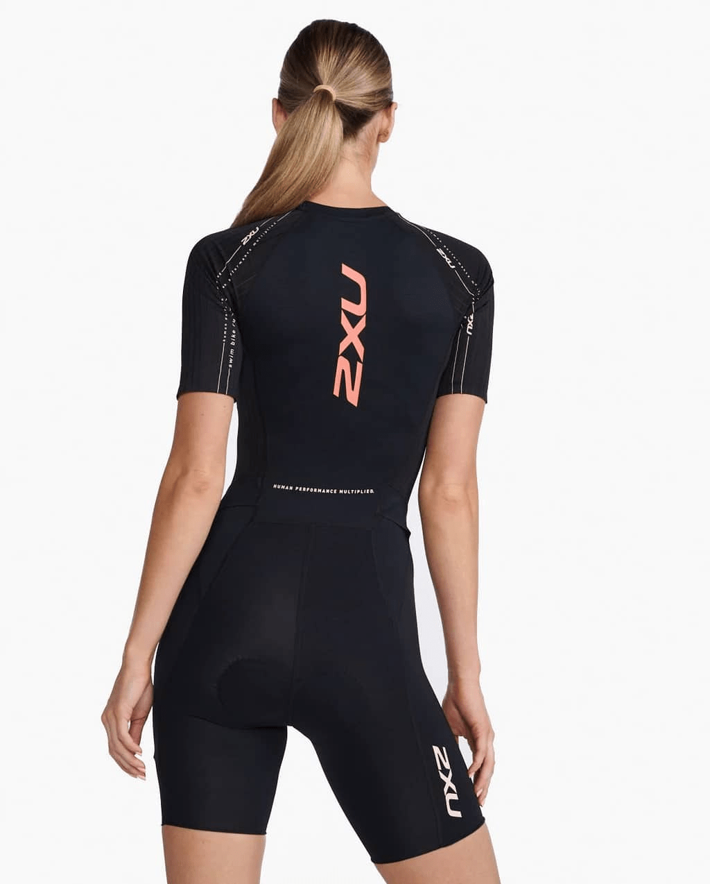 Women's 2XU Aero front-zip trisuit in Black / Hyper Coral – alternate product view