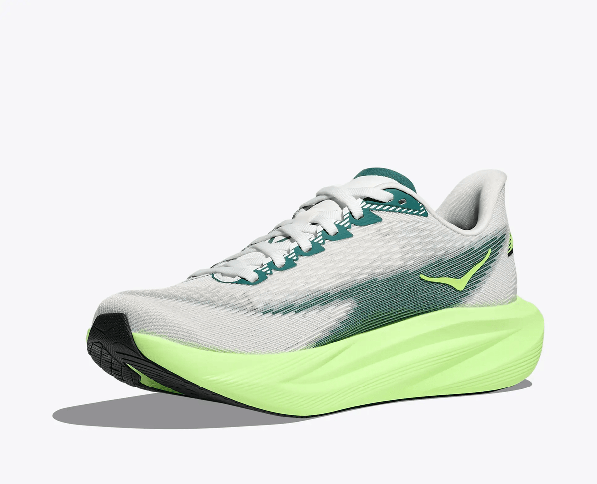 HOKA Mach 7 men's road running shoe in Frost / Neon Yuzu – top view