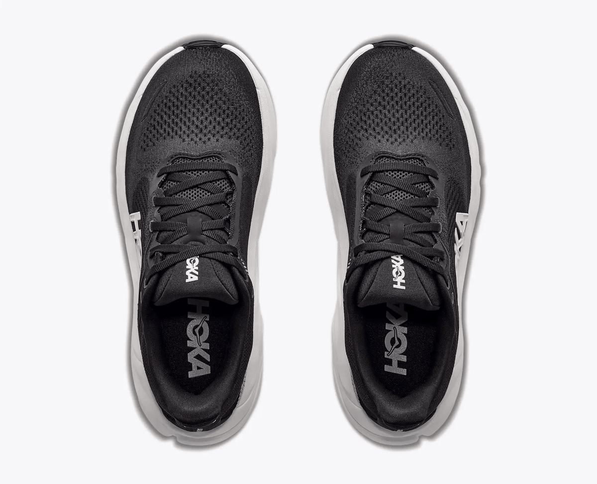 Hoka Arahi 9 Wide Men's Stability Road Running Shoe – Black/White – Top View showing Engineered Mesh Upper
