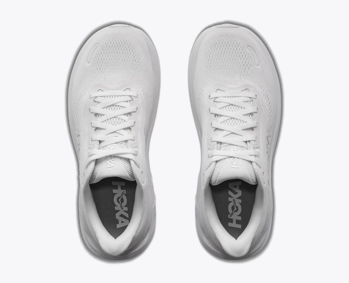 Hoka Clifton 11 Men's Shoe – White/White – Top View showing Elevated Engineered Mesh Upper and Double-Lace Lock
