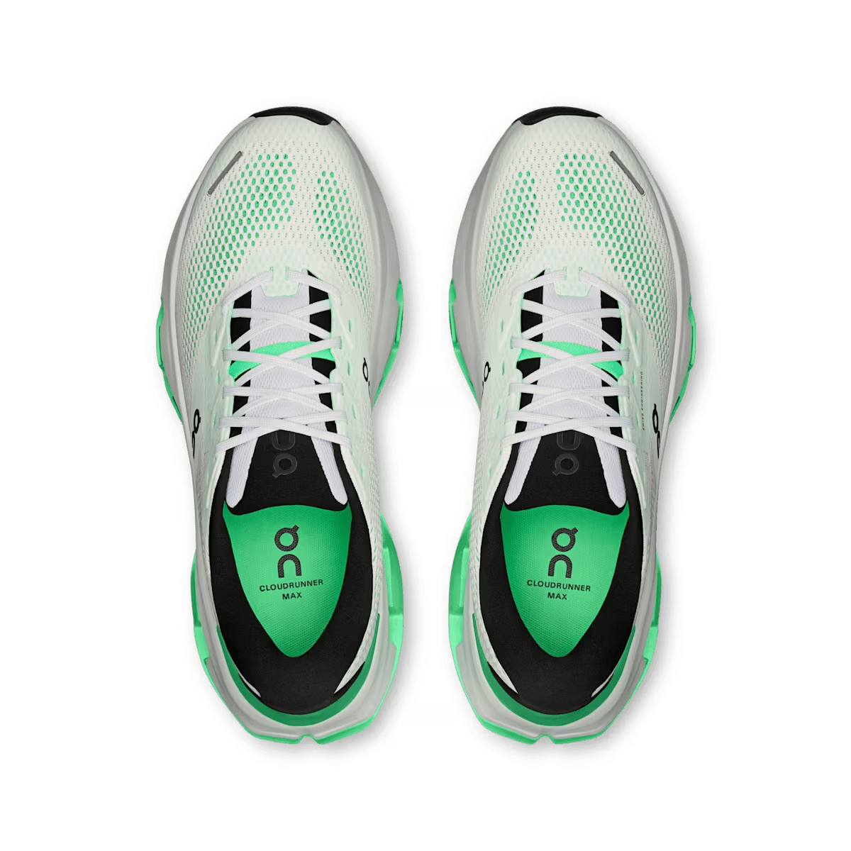 Pair of men's On Cloudrunner 3 Max running shoes in White | Verdite, top view showing the laces and insoles.