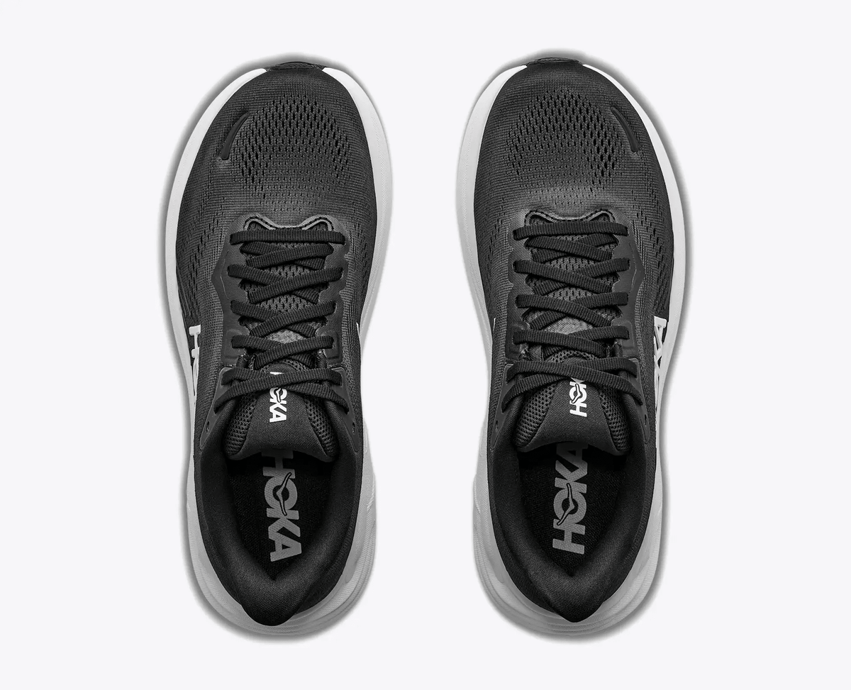 Hoka Clifton 11 Wide Women's Road Running Shoe – Black/White – Top View showing Engineered Mesh Upper