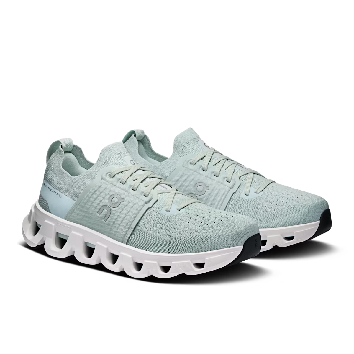 Pair of On Cloudswift 4 women's Surf | White road running shoes in angled three-quarter view