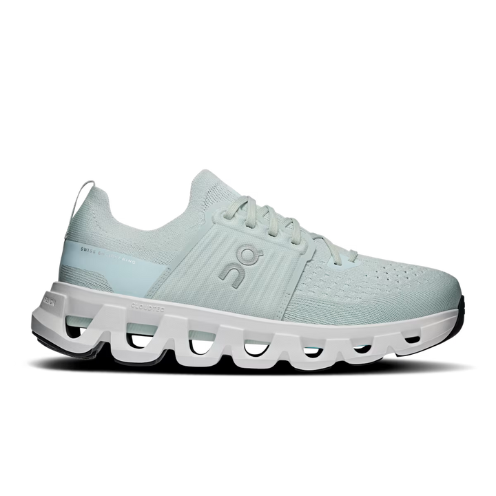 On Cloudswift 4 women's Surf | White running shoe, side profile showing CloudTec cushioning pods