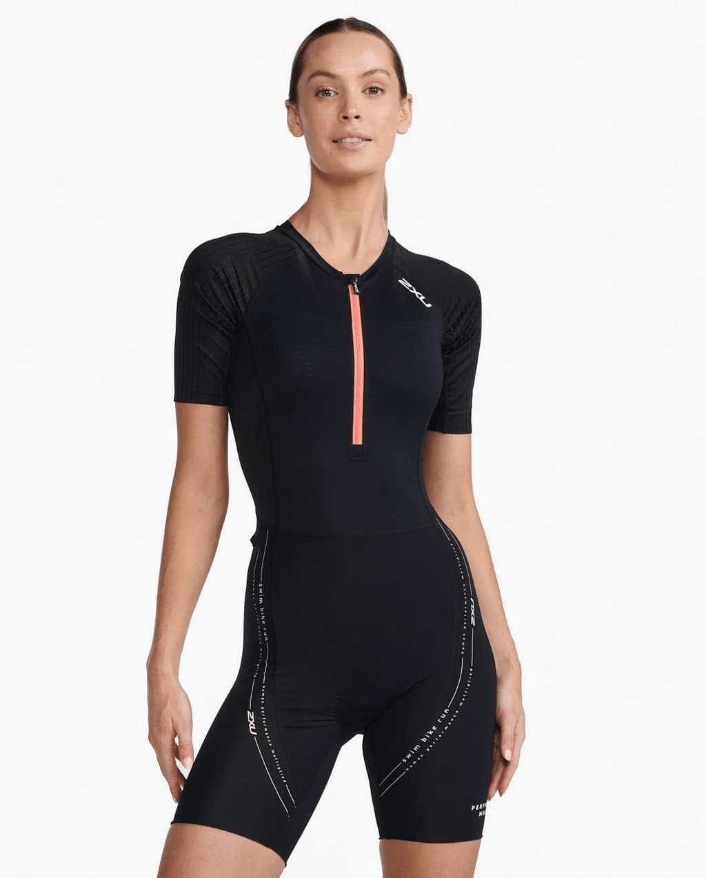 2XU Women's Aero Front Zip Trisuit – Black / Hyper Coral - 1 - Xciter Sports Apparel