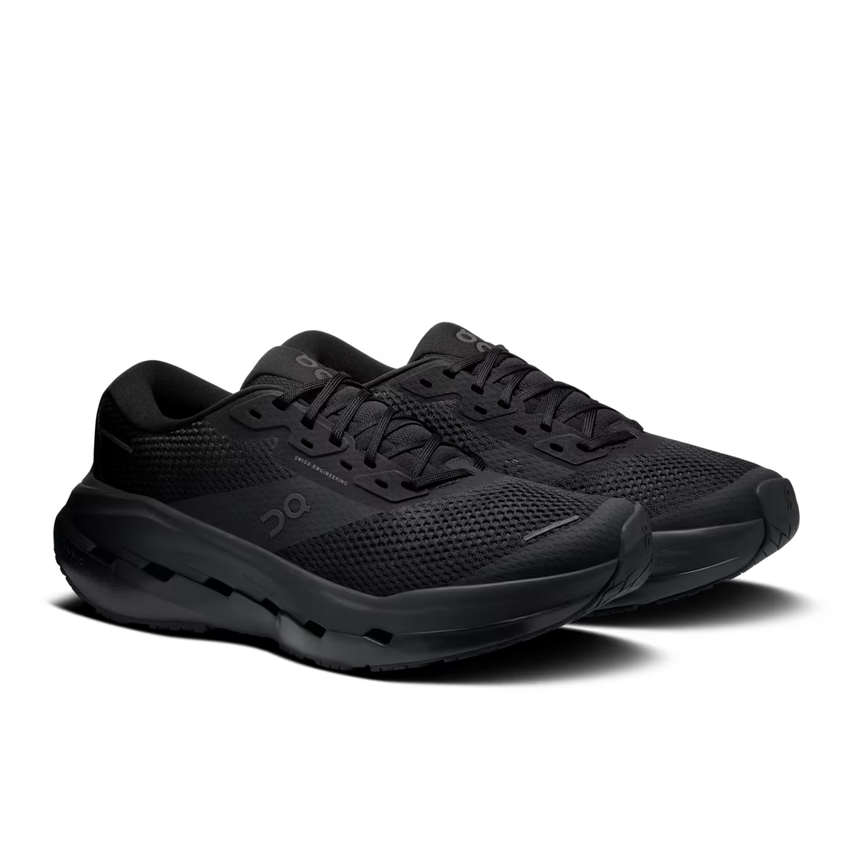 Pair of men's On Cloudrunner 3 Max road running shoes in Black | Black, three-quarter view.