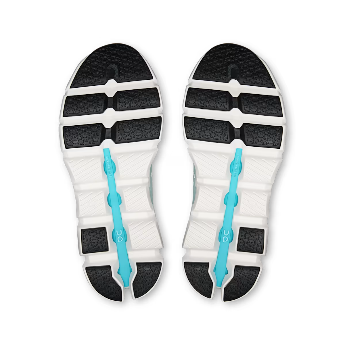 Pair of On Cloudswift 4 women's running shoes, outsole view showing black rubber traction and turquoise support channel