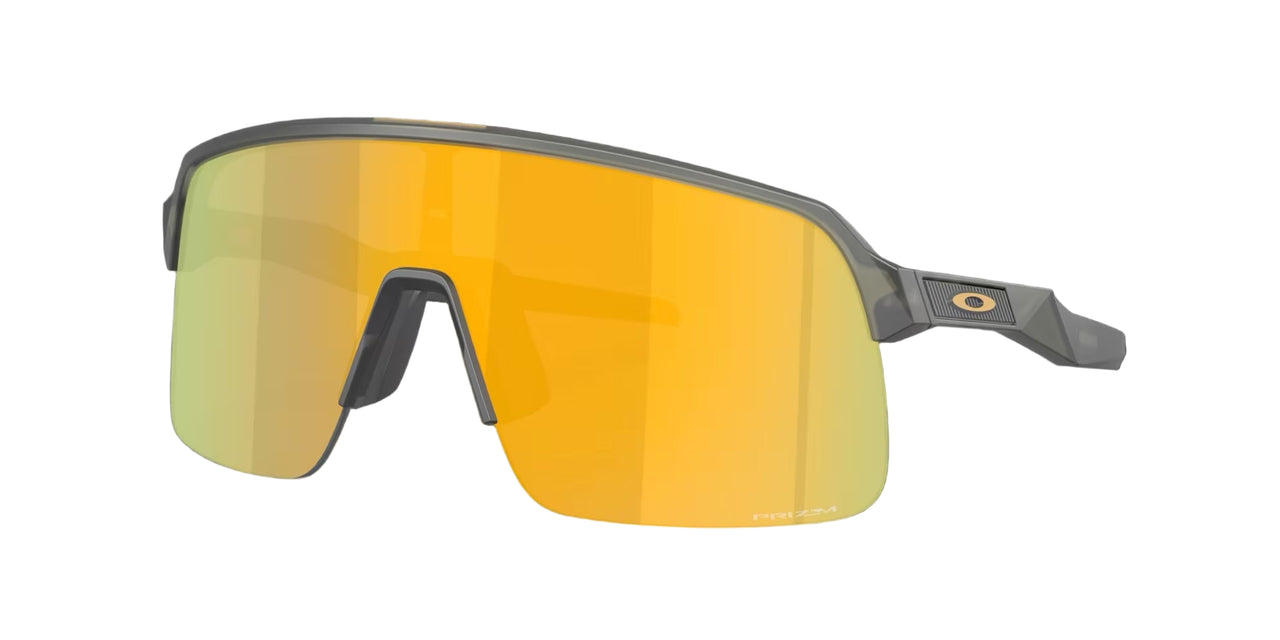 Sunglasses with yellow reflective lenses and gray frame on a black background