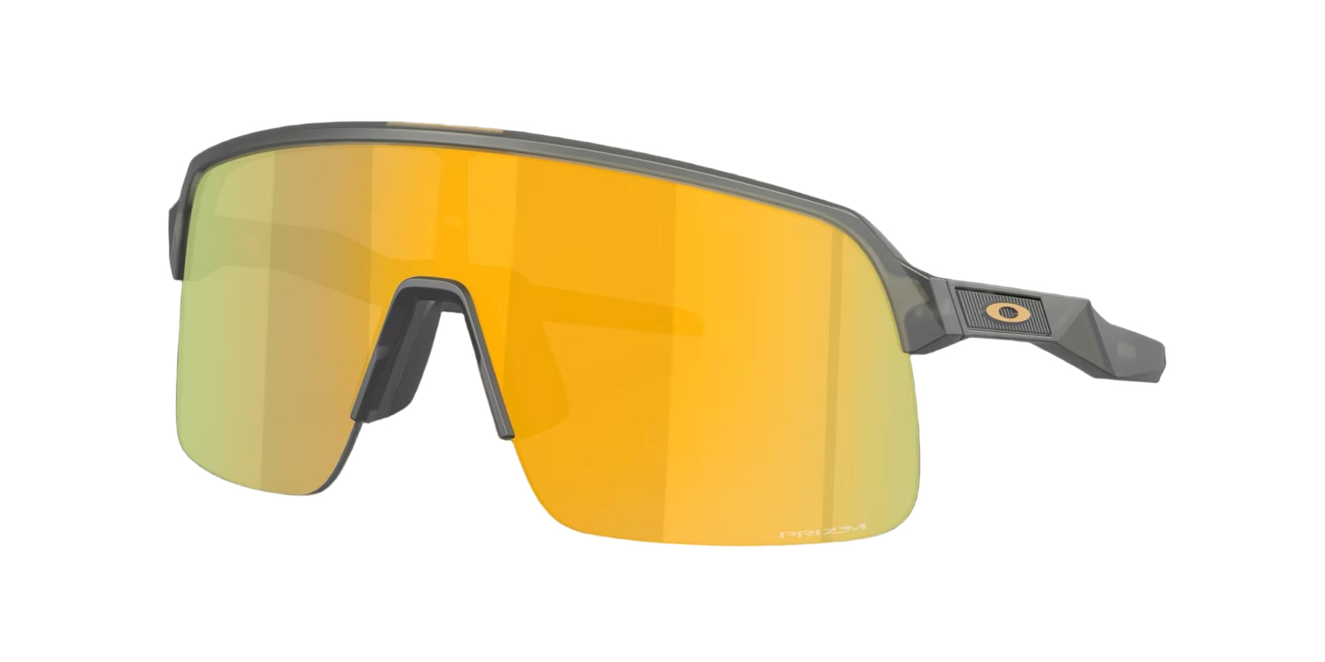 Sunglasses with yellow reflective lenses and gray frame on a black background