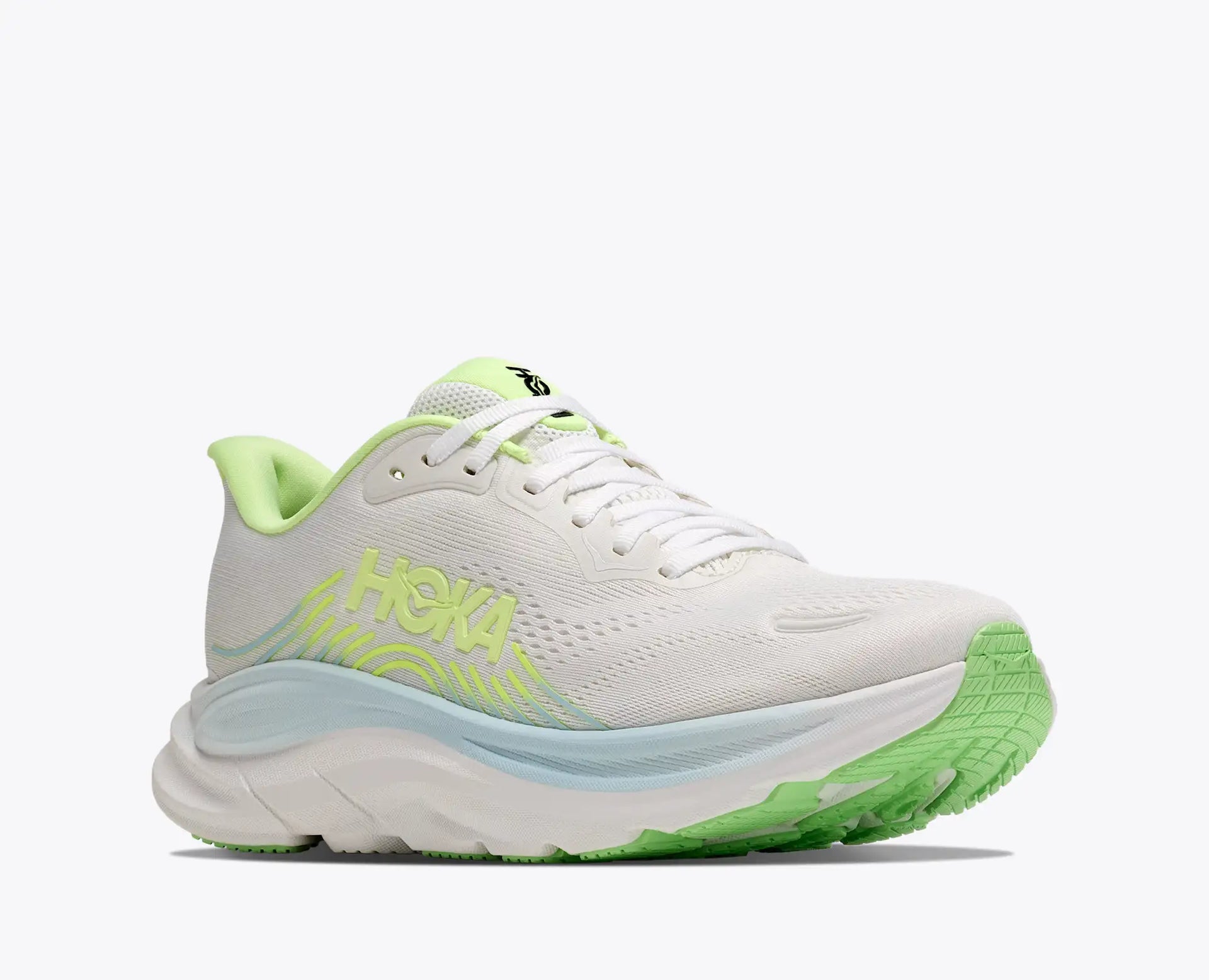 Women's Hoka Clifton 11 in Frost/Neon Yuzu — side vew