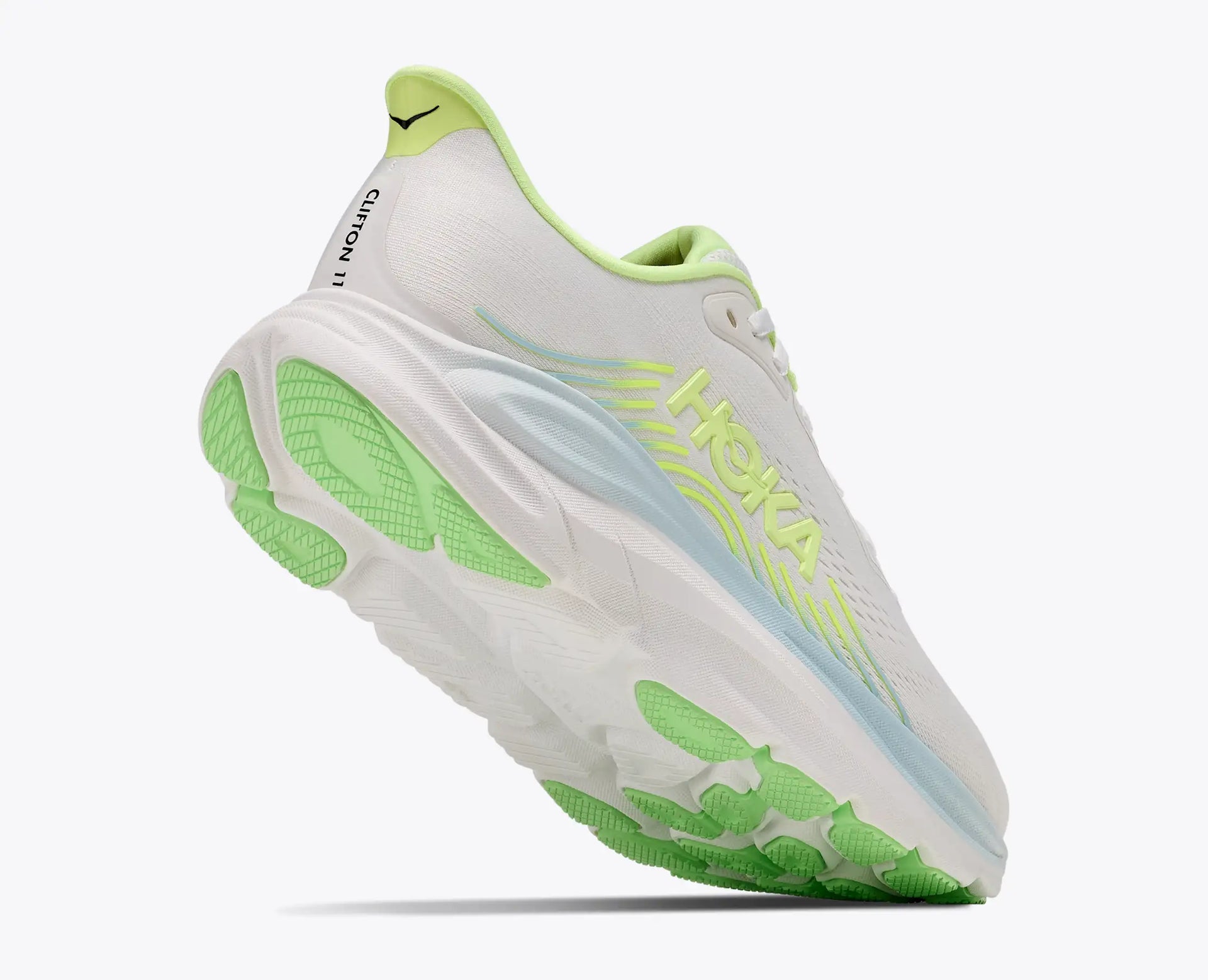 Women's Hoka Clifton 11 in Frost/Neon Yuzu — toe down view