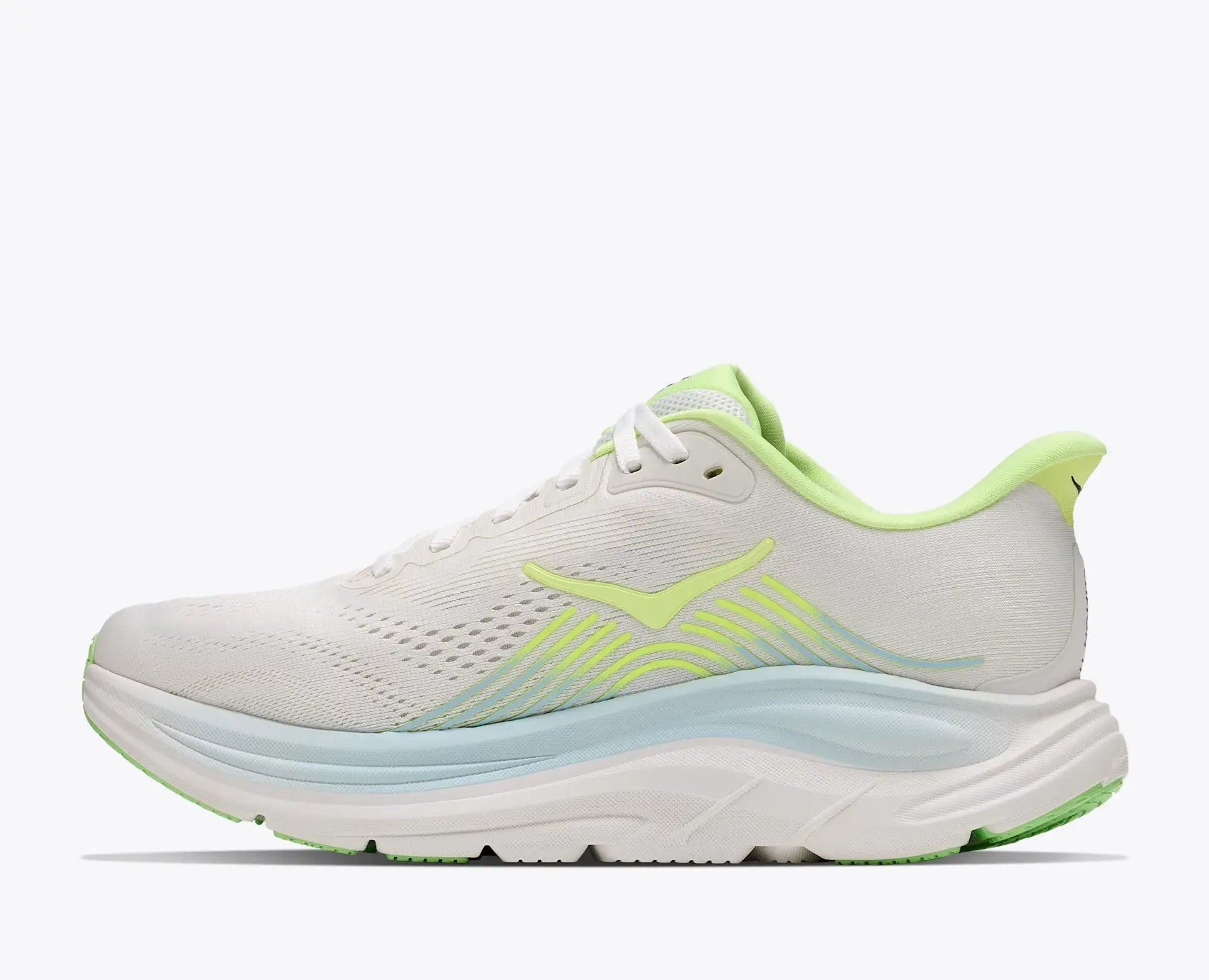 Women's Hoka Clifton 11 in Frost/Neon Yuzu — left lateral view