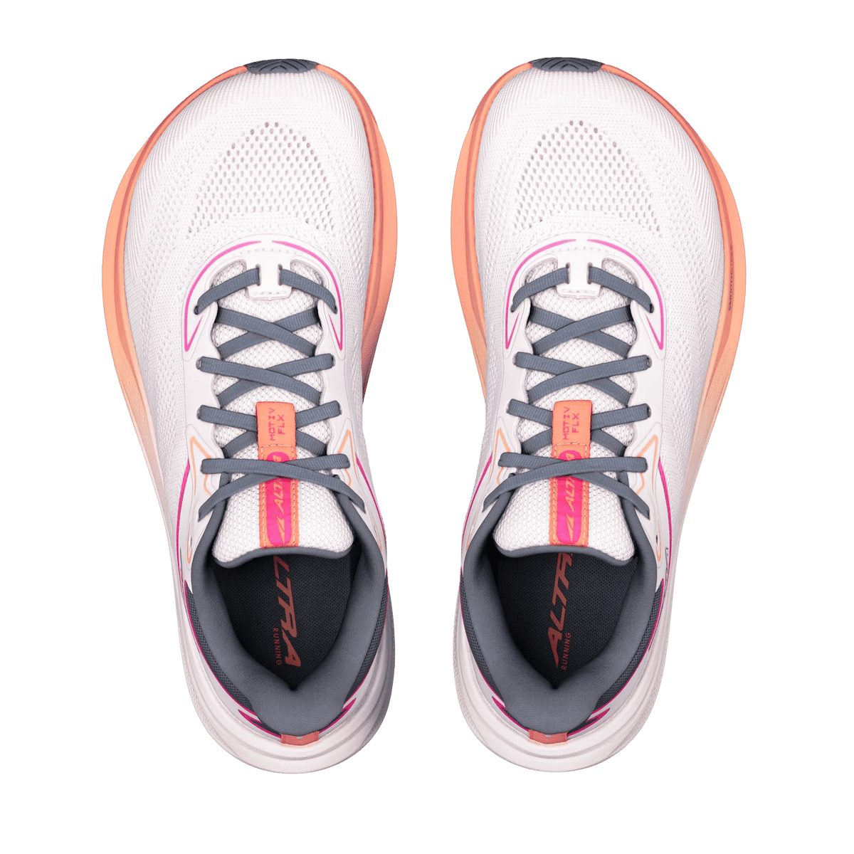Altra Motiv FLX women's road running shoes in Coconut Cream and Pink Glow.