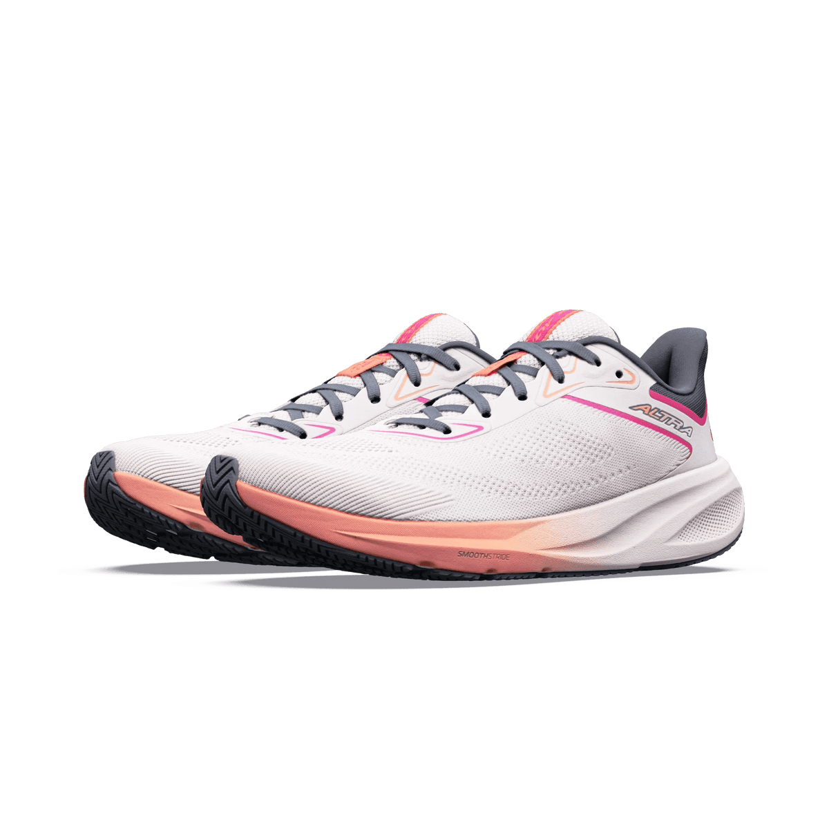 Altra Motiv FLX women's road running shoes in Coconut Cream and Pink Glow.