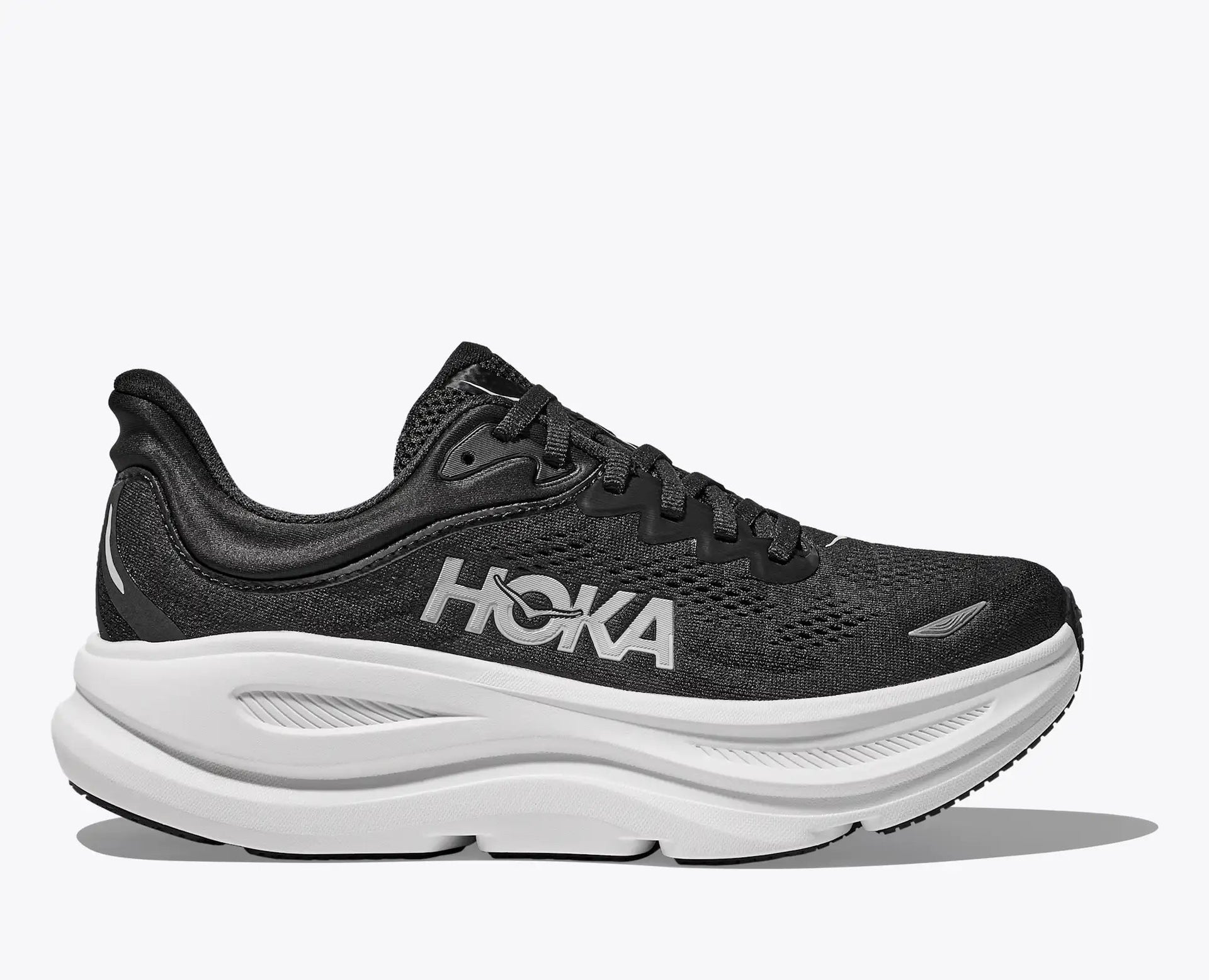 HOKA Bondi 9 Men's Running Shoe - Black/White | Maximum Cushion Road Running - Side View