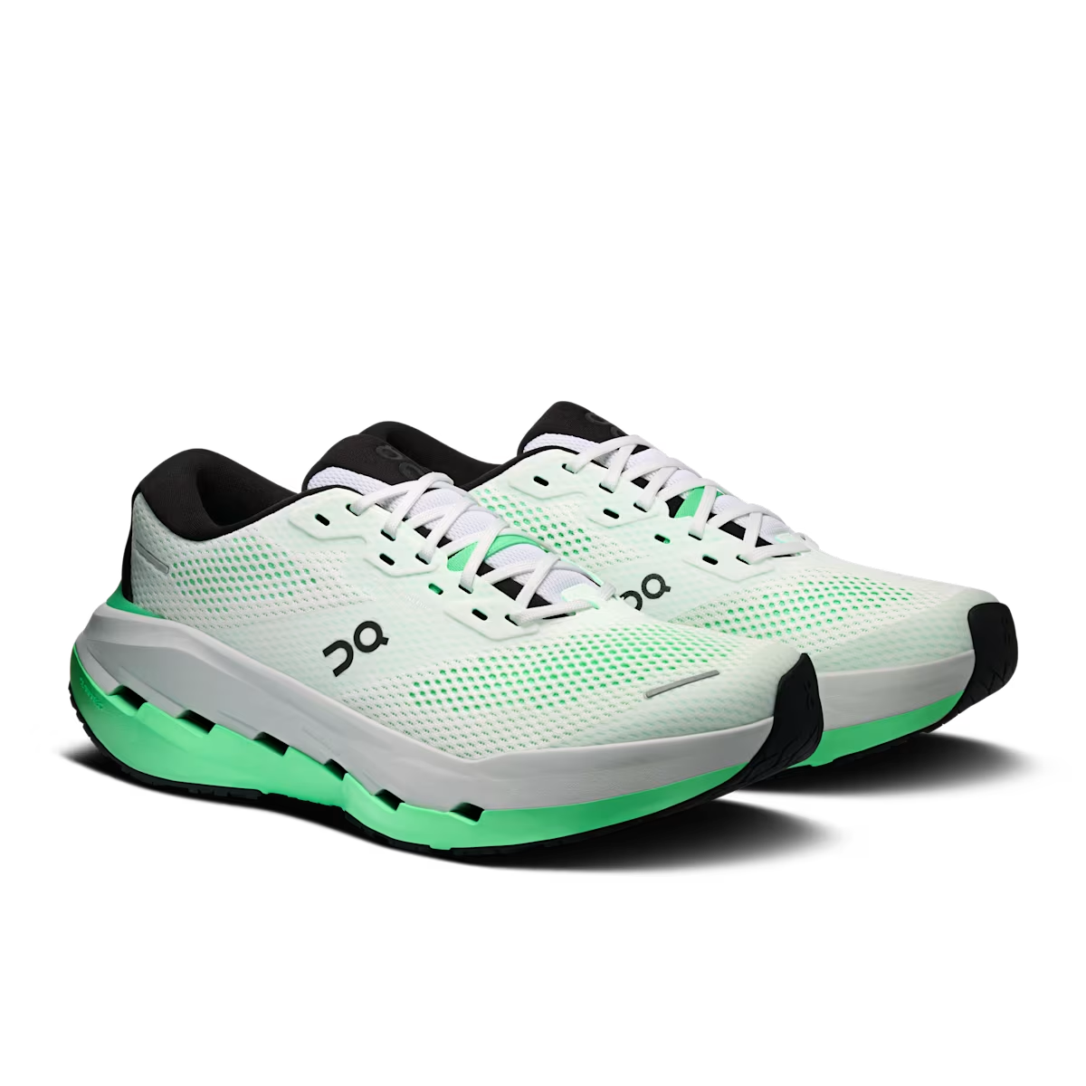 Pair of men's On Cloudrunner 3 Max road running shoes in White | Verdite, three-quarter view.