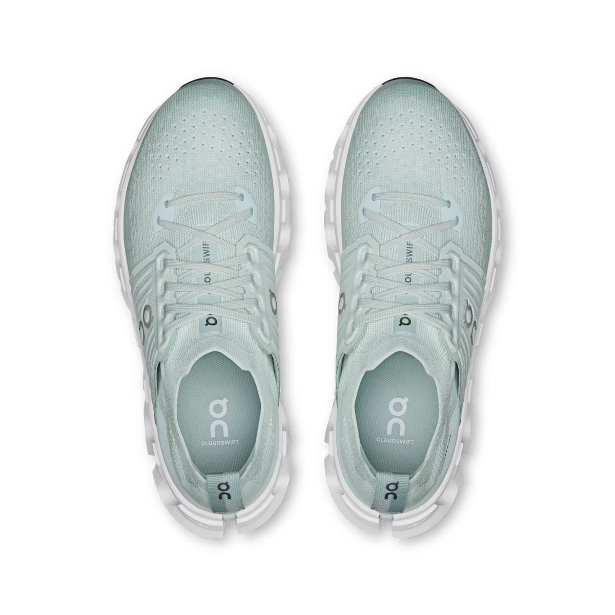 Pair of On Cloudswift 4 women's Surf | White running shoes, top view showing perforated toe boxes and lacing