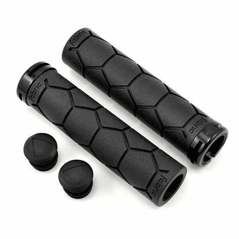Fabric Semi Ergo Silicone grips in black with hex-pattern surface and bar-end plugs