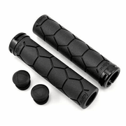 Fabric Semi Ergo Silicone grips in black with hex-pattern surface and bar-end plugs