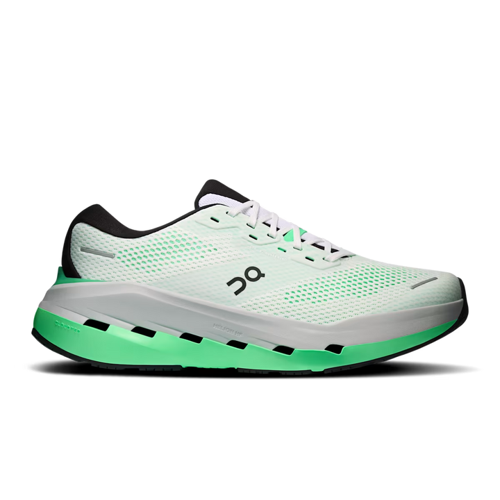 Men's On Cloudrunner 3 Max road running shoe in White | Verdite, side profile view.