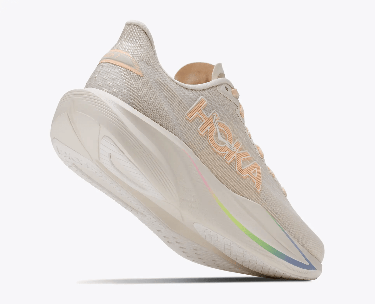 HOKA Mach 7 women's road running shoe in Oat Milk / Alabaster – top view