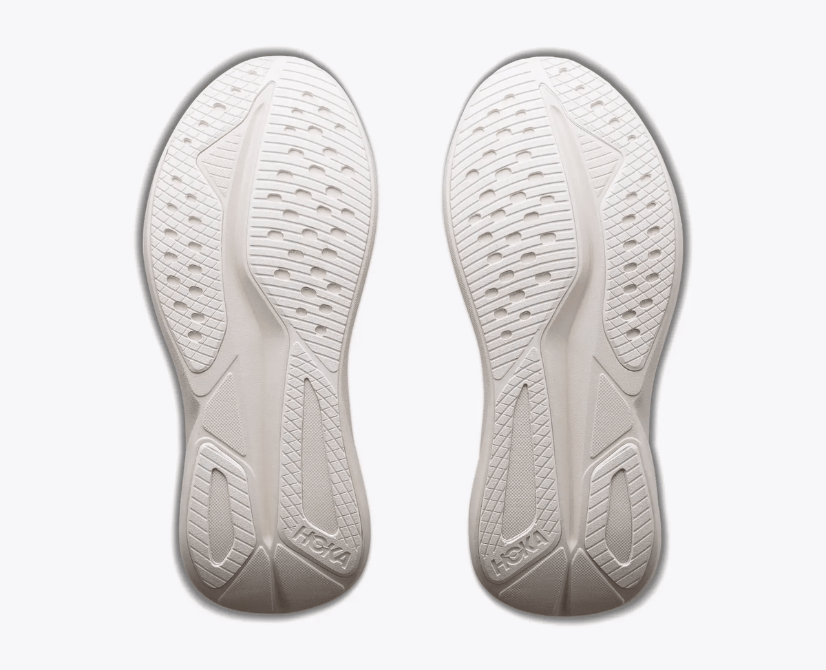 HOKA Mach 7 women's road running shoe in Oat Milk / Alabaster – heel view