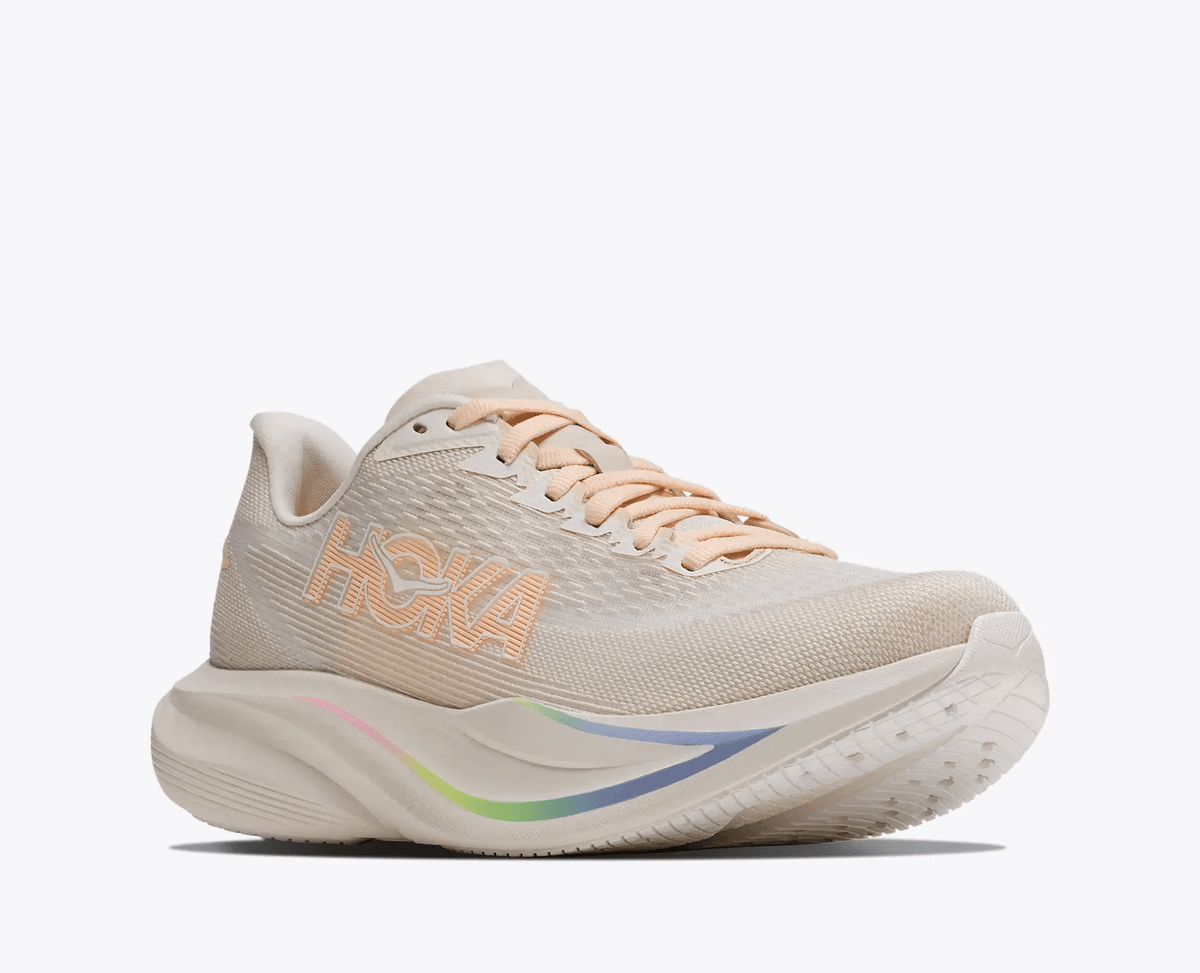 HOKA Mach 7 women's road running shoe in Oat Milk / Alabaster – three-quarter view