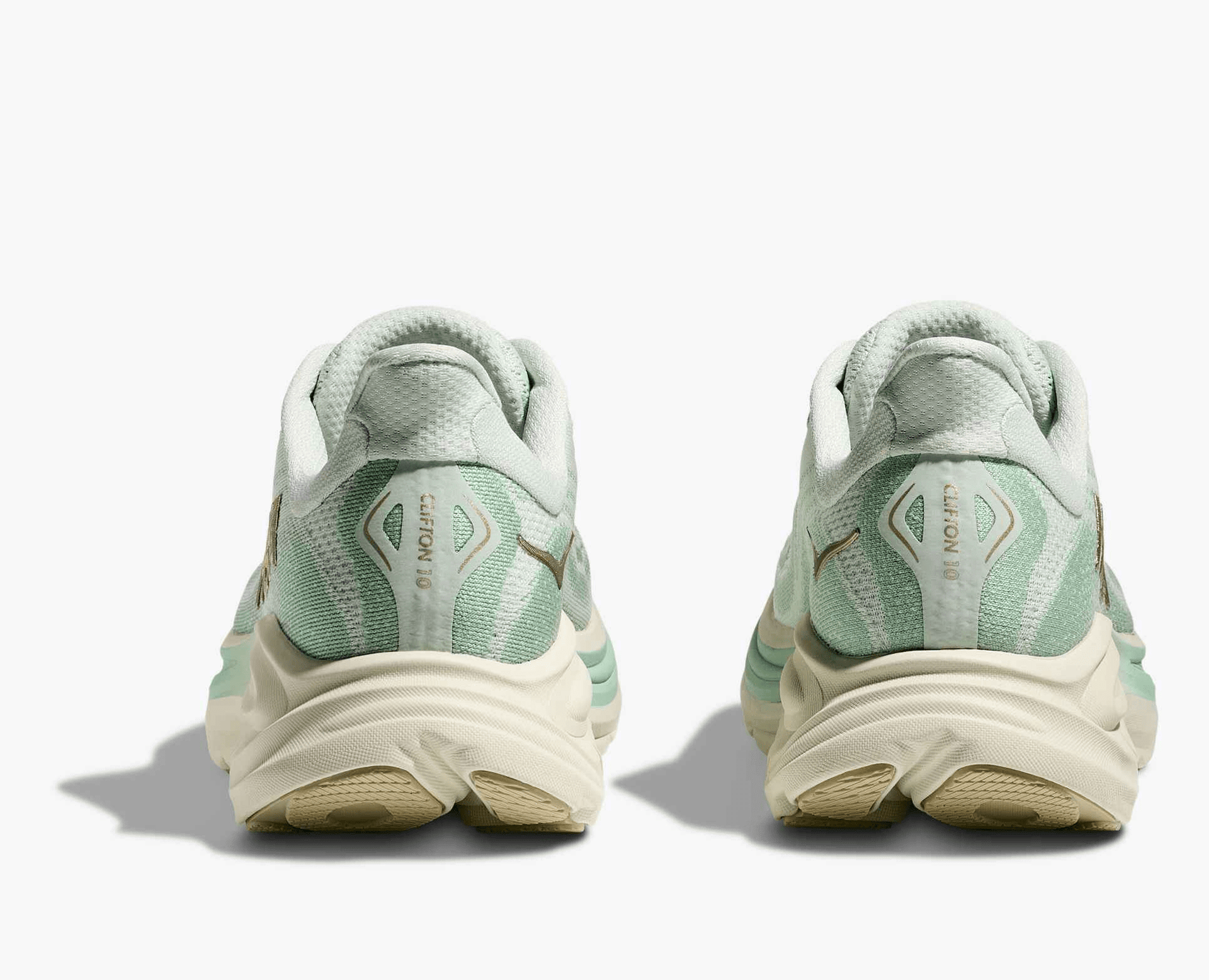 Hoka Clifton 10 women's running shoe in Sea Glass/Jadeite – rear view