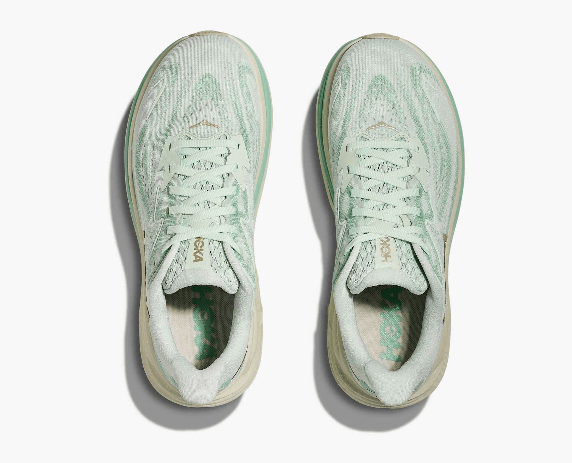 Hoka Clifton 10 women's running shoe in Sea Glass/Jadeite – top view