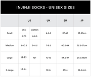 Injinji unisex sock size guide with US, UK, EU and JP sizing