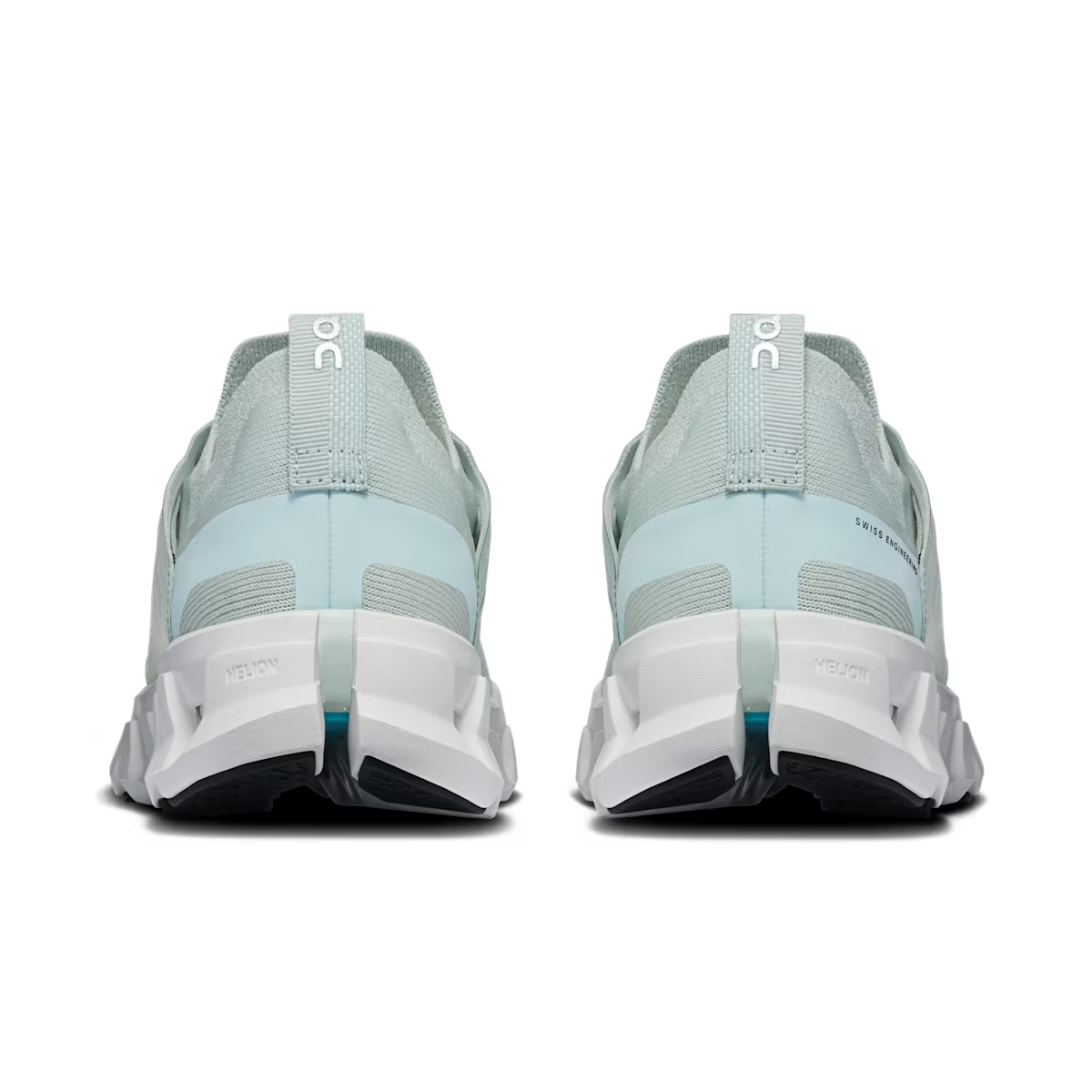 Pair of On Cloudswift 4 women's Surf | White running shoes, rear view showing heel construction and Helion foam