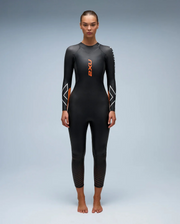 2XU Propel:1 women's full triathlon wetsuit in Black/Solar Orange.