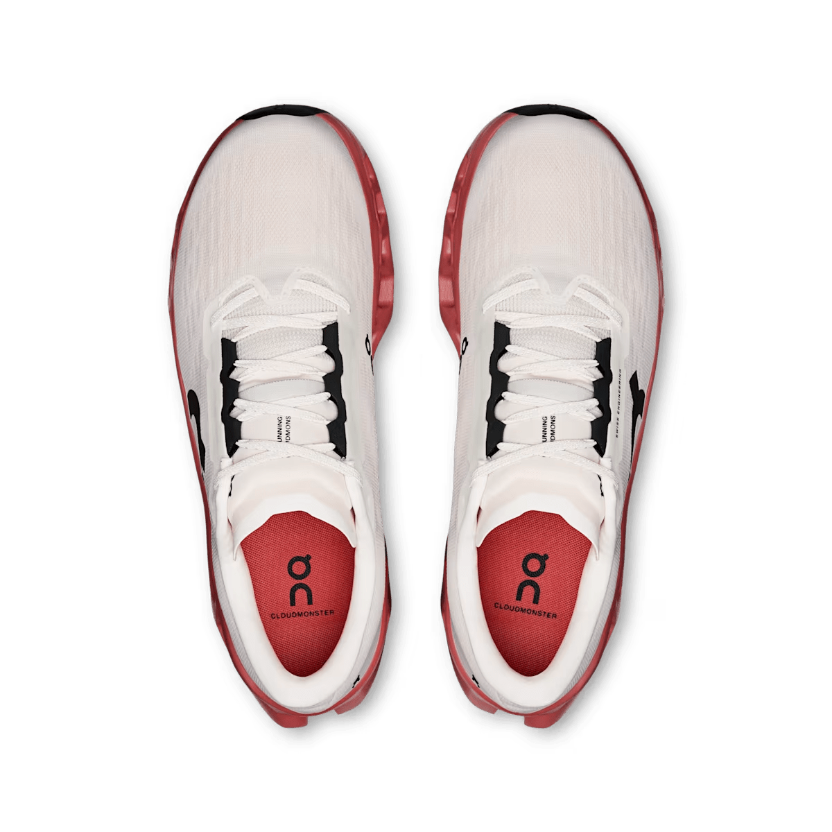 Men’s On Cloudmonster 3 running shoes in Ivory/Dustrose, top view showing the laces and insoles.