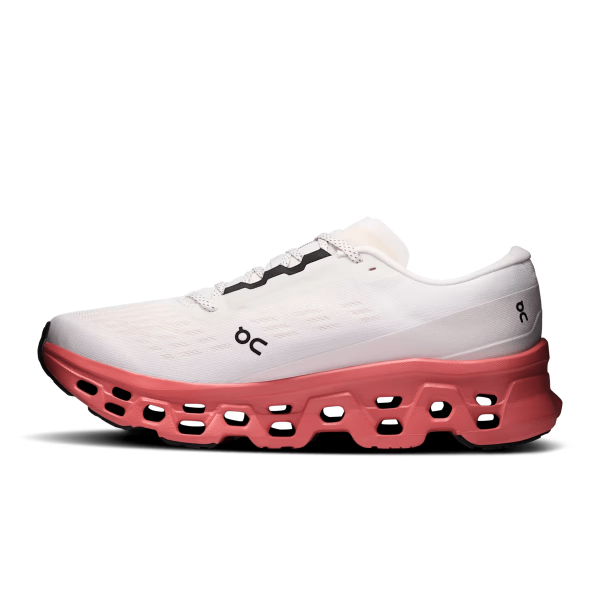 Men’s On Cloudmonster 3 running shoe in Ivory/Dustrose, side profile view.