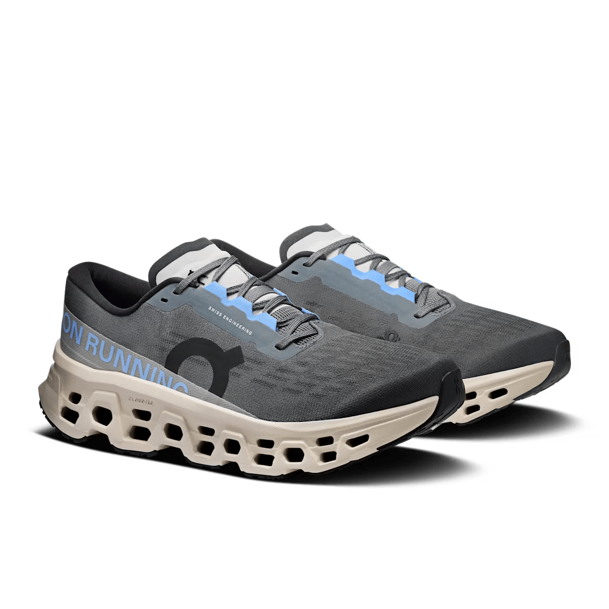 Men's On Cloudmonster 3 running shoe in Rock Silver - three-quarter pair view