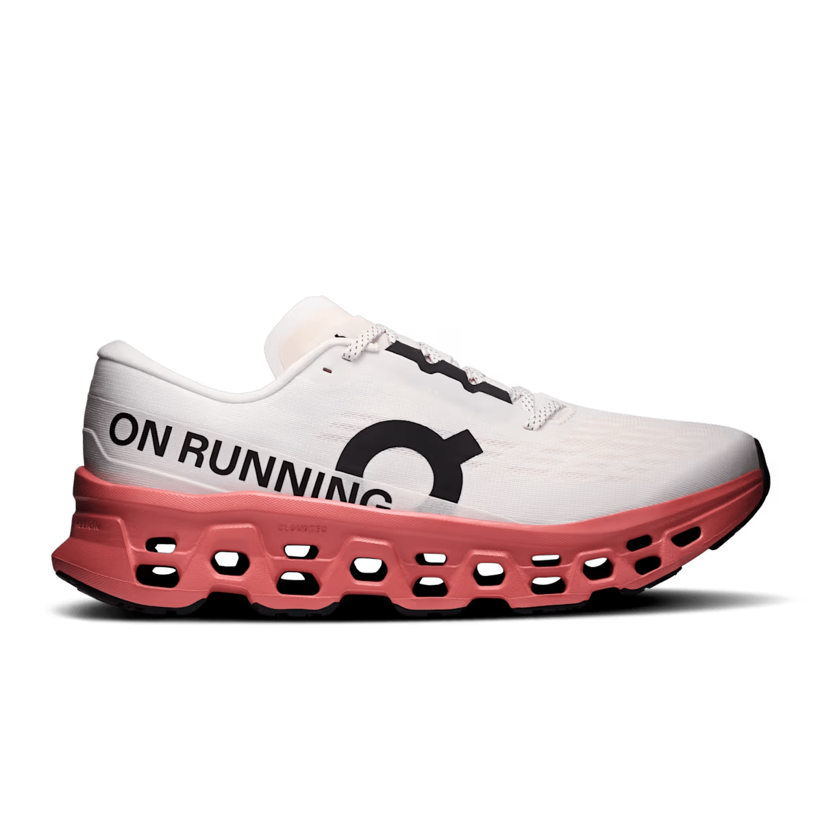 Men’s On Cloudmonster 3 running shoe in Ivory/Dustrose, lateral side view.