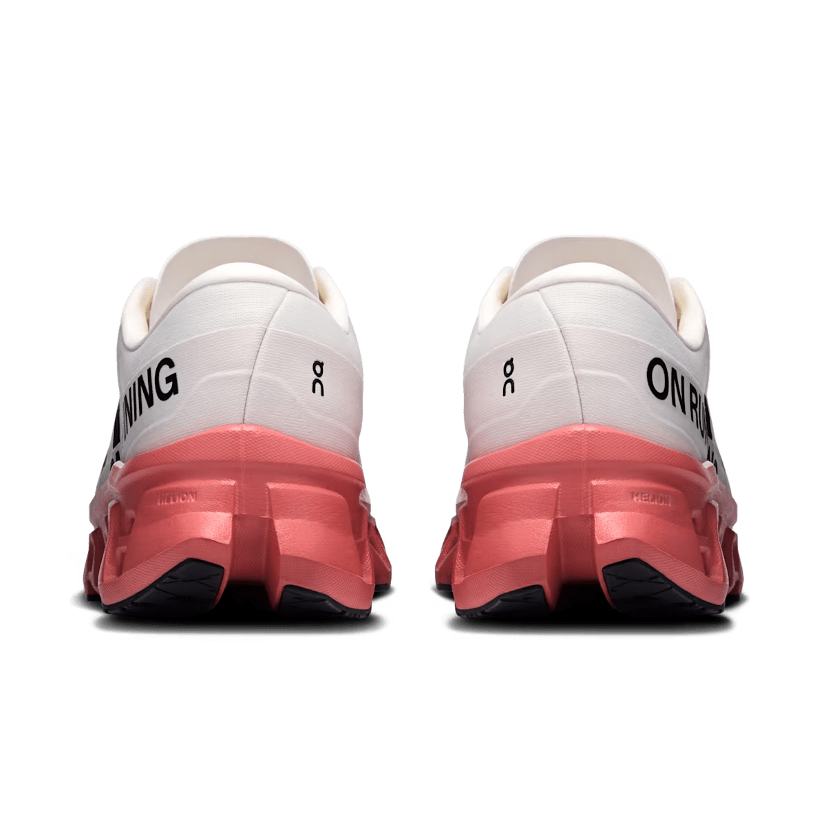 Men’s On Cloudmonster 3 running shoes in Ivory/Dustrose, rear heel view.