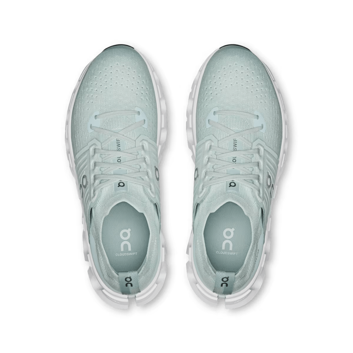 Pair of On Cloudswift 4 women's Surf | White running shoes, top view showing perforated toe boxes and lacing