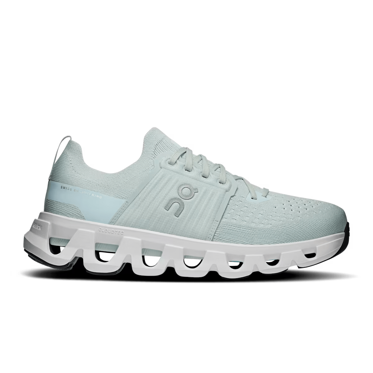 On Cloudswift 4 women's Surf | White running shoe, side profile showing CloudTec cushioning pods