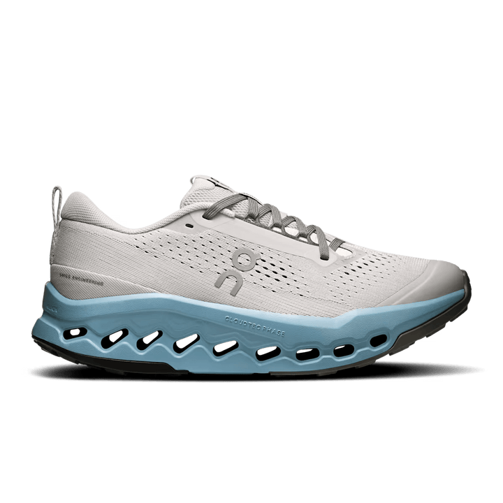 On Cloudsurfer Trail 2 women's trail running shoe in Glacier / Dust – lateral side view