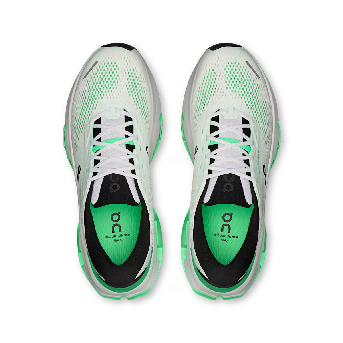 Pair of men's On Cloudrunner 3 Max running shoes in White | Verdite, top view showing the laces and insoles.