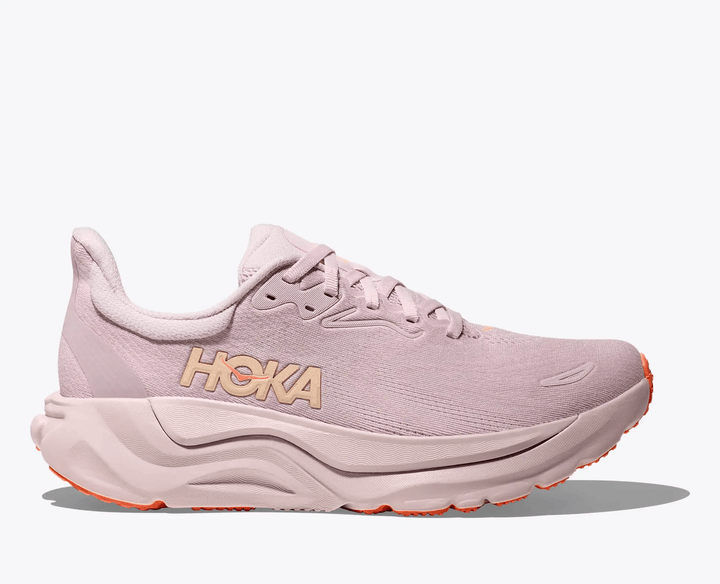 Hoka Arahi 8 women's stability running shoe – side profile view - lilac cream / neon cantaloupe