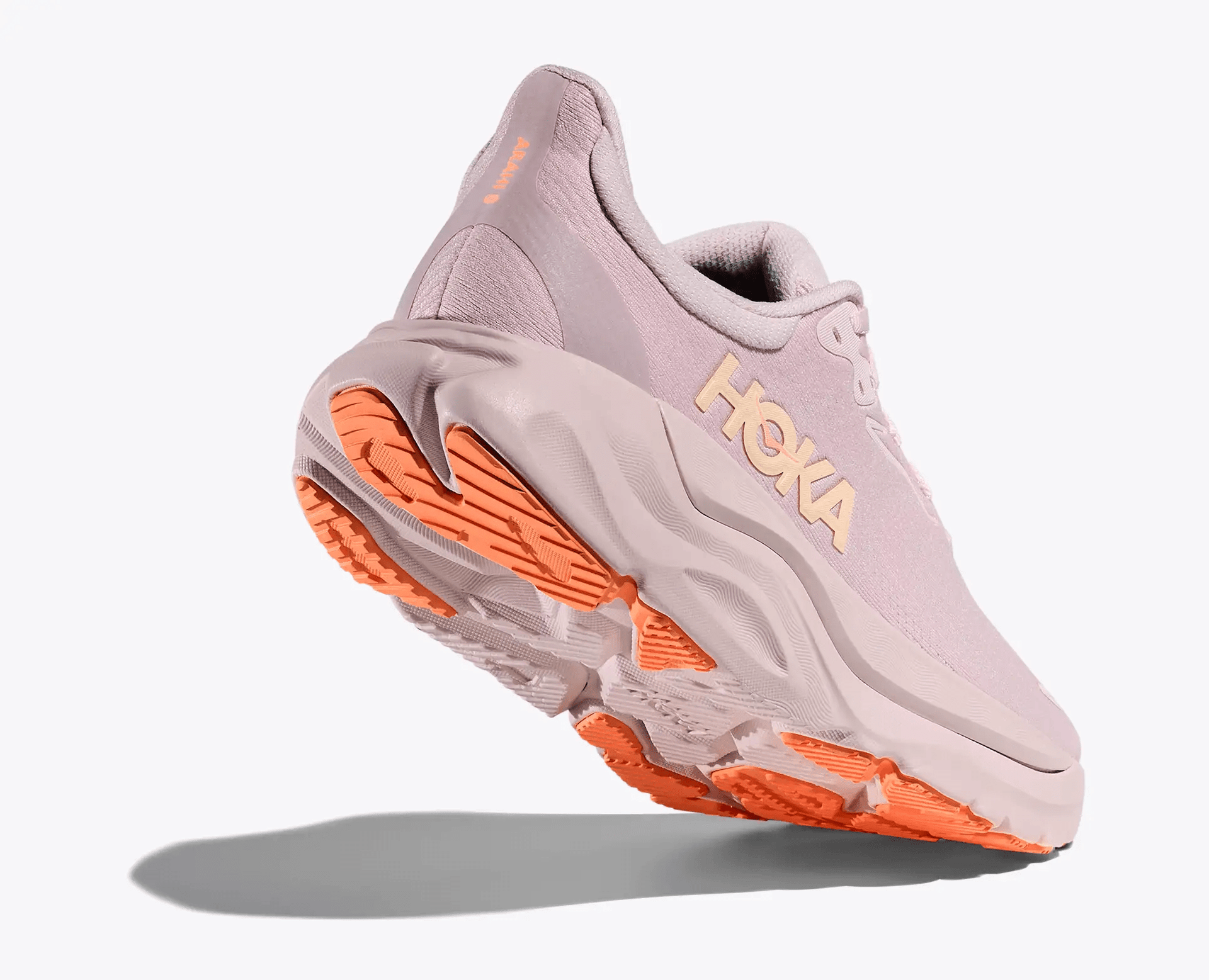 Hoka Arahi 8 women's stability running shoe – rear toe profile view - lilac cream / neon cantaloupe