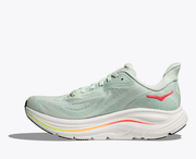 Hoka Clifton 10 women's running shoe in Sea Glass / Neon Flame – left lateral view