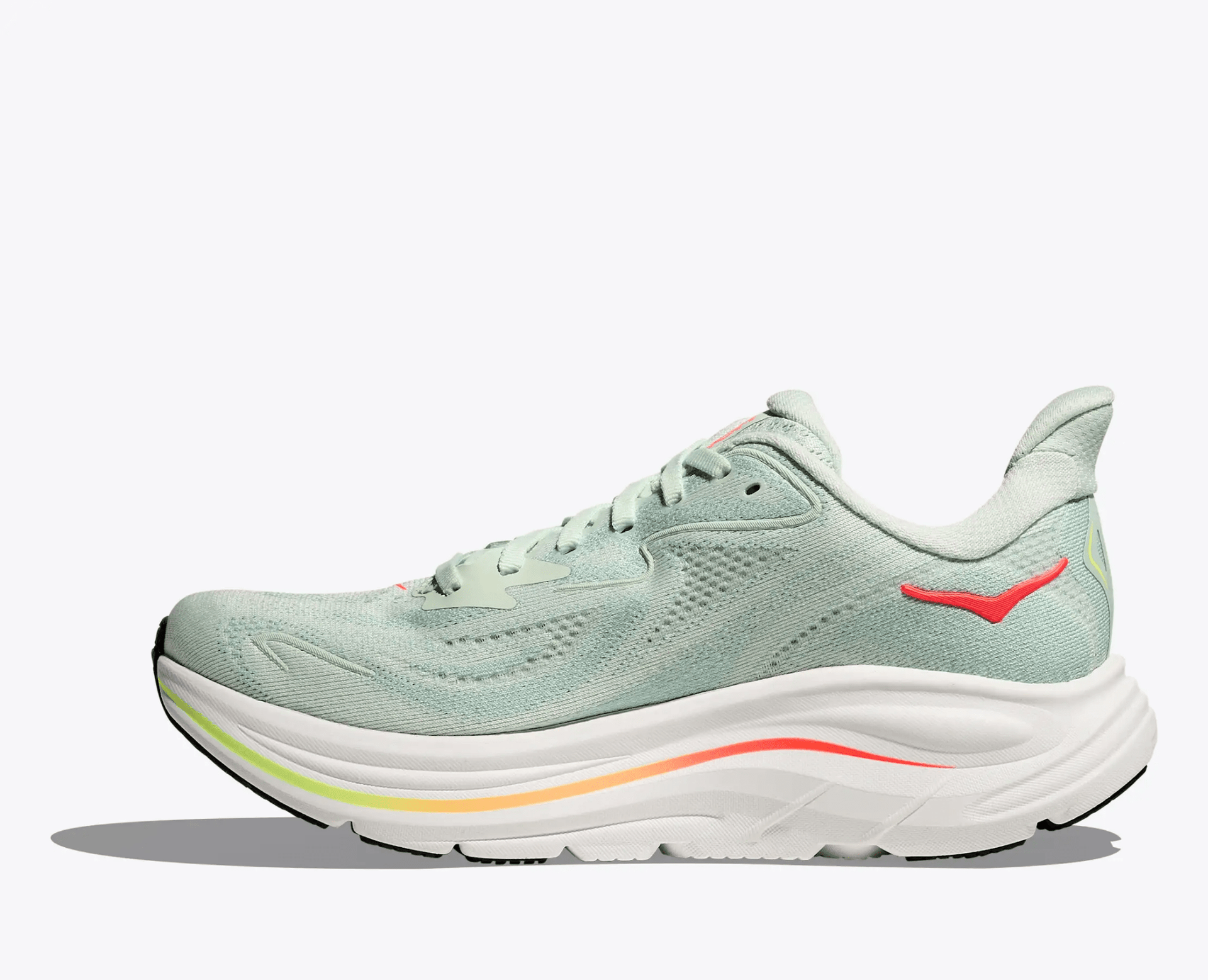Hoka Clifton 10 women's running shoe in Sea Glass / Neon Flame – left lateral view