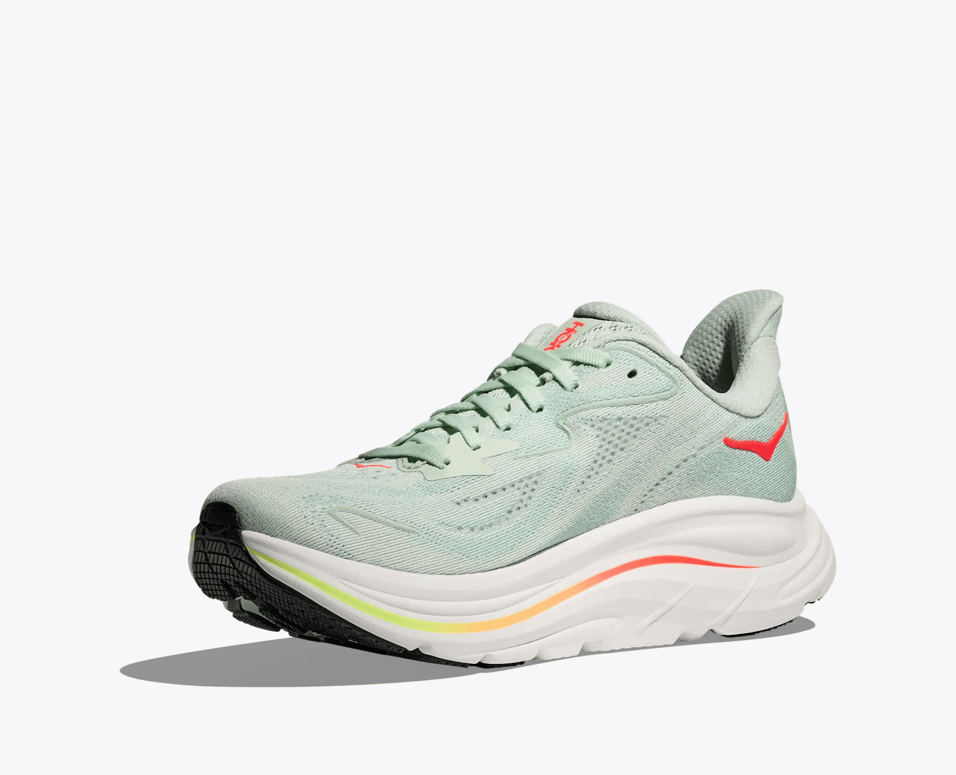 Hoka Clifton 10 women's running shoe in Sea Glass / Neon Flame – left view