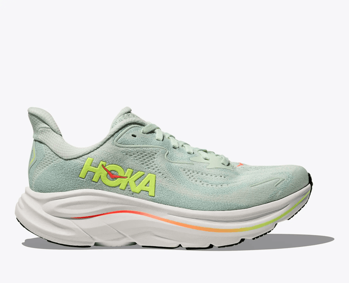 Hoka Clifton 10 women's running shoe in Sea Glass / Neon Flame – lateral view