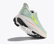 Hoka Clifton 10 women's running shoe in Sea Glass / Neon Flame – toe down view