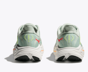Hoka Clifton 10 women's running shoe in Sea Glass / Neon Flame – rear view