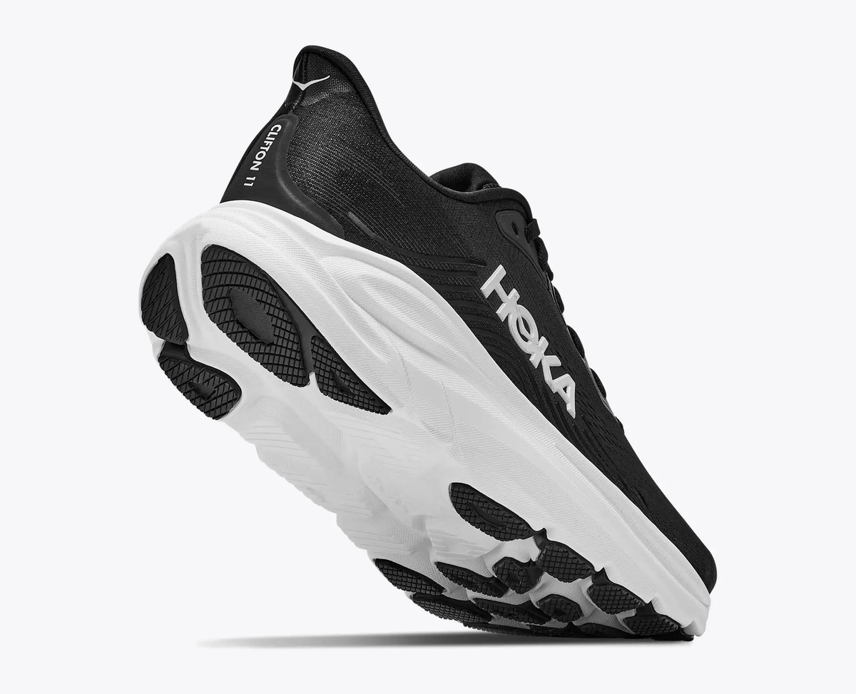 Women's Hoka Clifton 11 Wide Black/White Running Shoe – On-Foot Action Shot – Daily Road Training product detail